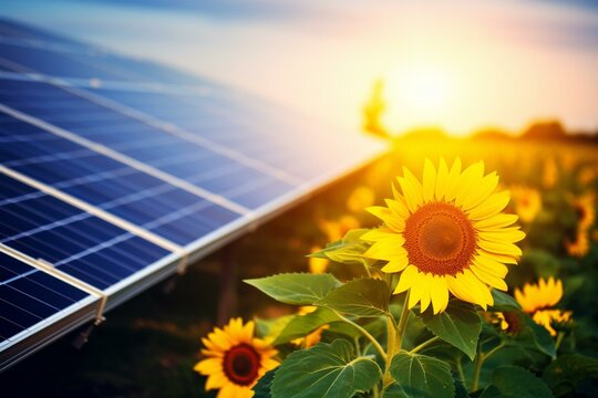 image of solar panel and sunflowers. Generative AI