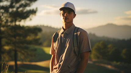 person standing on a hill, person walking in the sunset, man in golf course, young professional male golf player  - obrazy, fototapety, plakaty