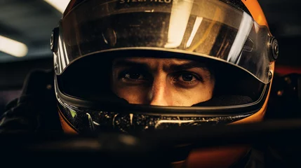 Zelfklevend Fotobehang Unbreakable Focus: Formula 1 Pilot Sets Sights Ahead, generative ai © Adolfo Perez Design