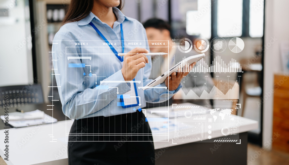 Poster business team hand project manager working and update tasks and gantt chart scheduling virtual diagr