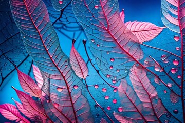 Fototapeta premium Transparent skeleton leaf with beautiful texture on a blue and pink 
