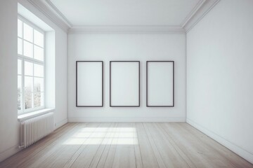 A room with three empty white wall frames. Generative AI