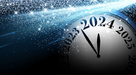 New Year 2024 countdown clock over blue lights with sunbeams on black background.