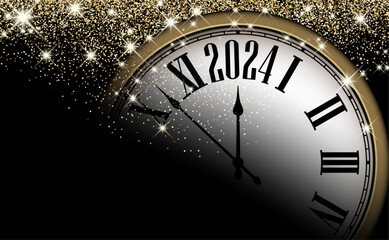 Naklejka na ściany i meble New Year 2024 countdown clock over golden sand on black background.