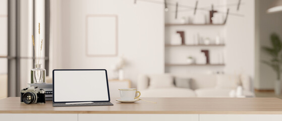 A white-screen digital tablet mockup on a wood table in a modern white living room. Home workspace