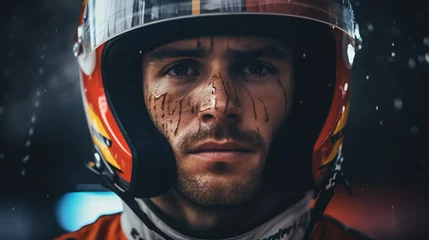 Foto op Plexiglas Helmeted Warrior: Close-up of Formula 1 Racer's Resolve, Generative AI © Adolfo Perez Design
