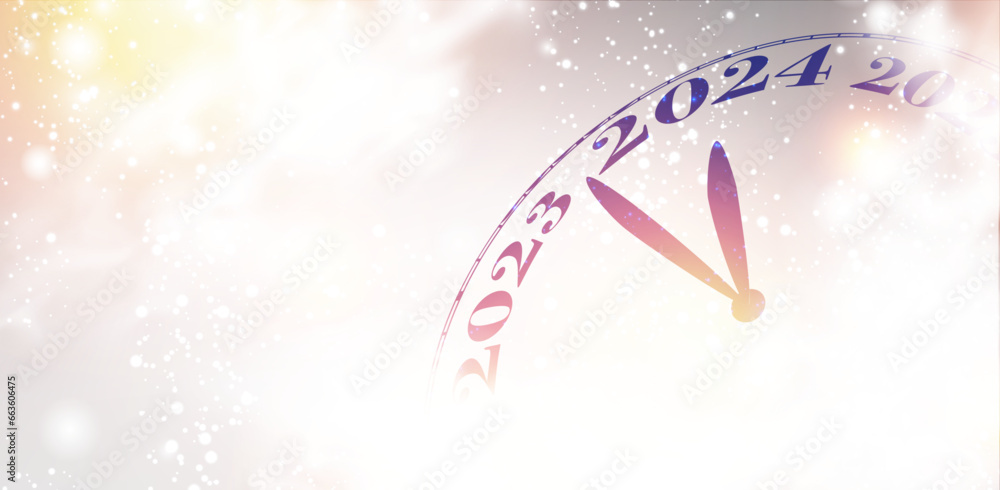 Poster new year 2024 countdown clock over silver background with fireworks and defocused lights.