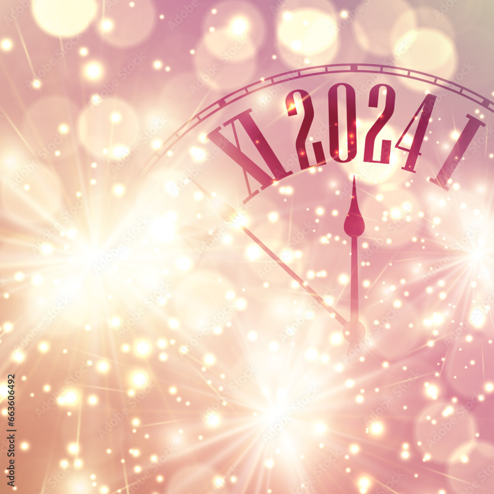 Poster new year 2024 countdown clock over golden background with fireworks and defocused lights.