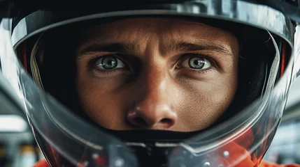 Foto op Plexiglas Eyes on Victory: Close-up of Formula 1 Racer in Stride, Generative AI © Adolfo Perez Design