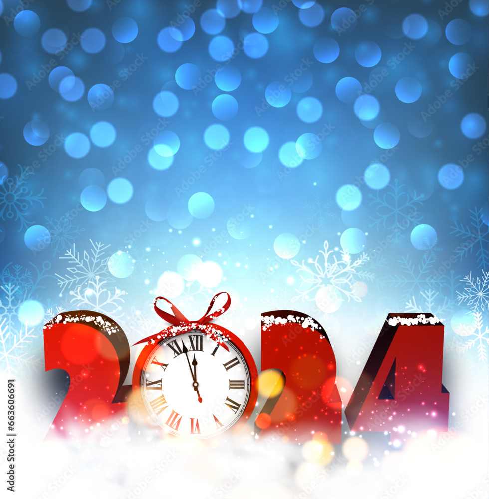 Poster new year 2024 countdown clock and red bow over blue background with glisters and defocused lights.