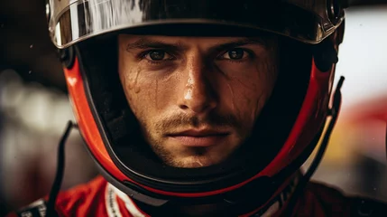 Fotobehang Racer's Resolve: Formula 1 Driver's intense Look, generative ai © Adolfo Perez Design