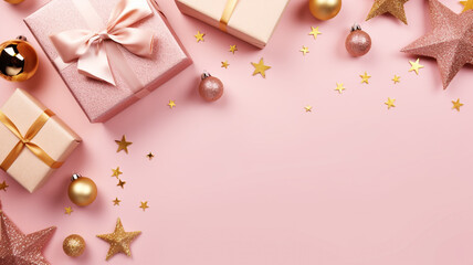 Christmas present gift boxes on a pastel pink background