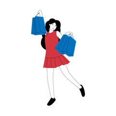 vector illustration of woman carrying shopping bags, happy shopping concept