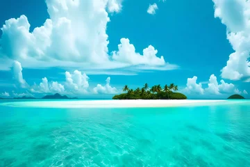 Poster Tropical island turquoise ocean water against blue sky © Mahreen