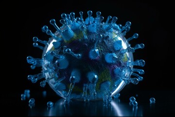 A suspended virus in blue liquid. Generative AI