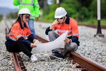 portrait of Engineer sitting on Raiway, concept surveying construction worker on Railway site.