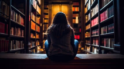Young girl sitting between the library shelves