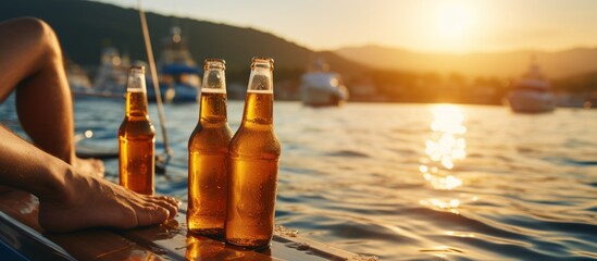 Bottles of beer on the deck with a view of the sea