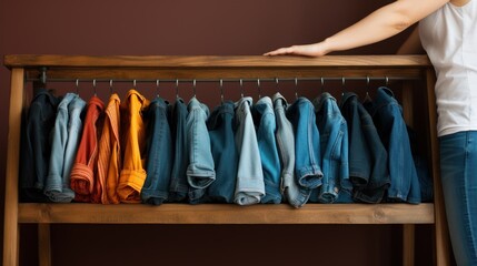 Woman choosing clothes in wardrobe, closeup. Concept of shopping and retail