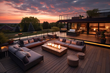 Modern living deck furnished with open gas fire in background of beautiful sunset. Relaxation concept of buildings and spaces. - obrazy, fototapety, plakaty