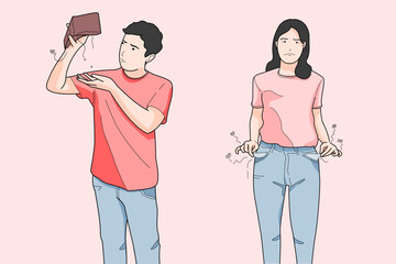 man woman standing out of money, broke penniless  