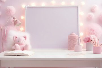Pastel room with desk for space work, Feminine workspace, Mockup poster on the wall in pink interior, teddy cat, laptop, Cute interior of a children's room. Flowers, pastel pink.