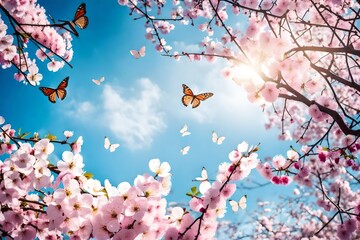Spring banner, branches of blossoming cherry against background of blue sky and butterflies on nature outdoors