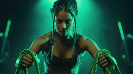 Portrait of sportive woman workout on green neon light background.