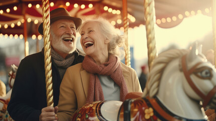 Fototapeta na wymiar An elderly couple taking a spin on a nostalgic carousel