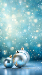 Fototapeta na wymiar Christmas background with turquoise baubles, snow & glowing lights bokeh. Blue & green vibrant joy Holidays concept, Festive Elegant mobile Wallpaper Xmas