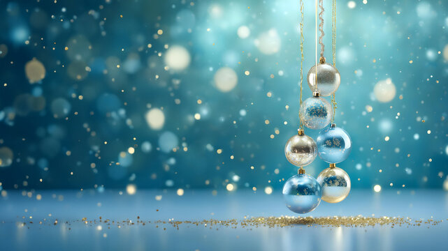 Holiday Magic: Blue and Gold Christmas Baubles Backdrop, Macro Photo, Elegant Decor. Merry Christmas Wallpaper, winter, 2024 New Year concept. Copy space Merry Xmas & Happy New Year