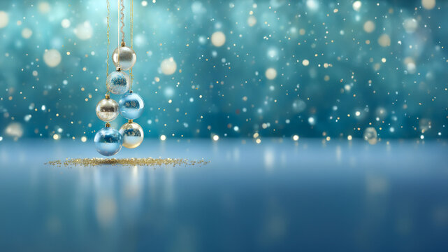 Holiday Magic: Blue and Gold Christmas Baubles XL Backdrop, Macro Photo, Elegant Decor. Merry Christmas Wallpaper, winter, 2024 New Year concept. Copy space Merry Xmas & Happy New Year
