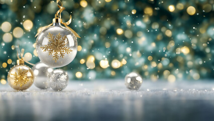 Fototapeta na wymiar Festive Christmas Baubles Wallpaper, Silver and Gold, Macro Photography, Seasonal Decor. Snowflakes, gold and green bokeh background for elegant Merry Christmas and a Happy New Year 2024. Xmas 24. 