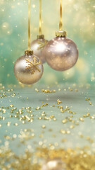 Gorgeous Xmas card. Closeup of Stunning Christmas Baubles, Elegant Rose Gold and Golden flake. Holiday Wallpaper Ornaments. Happy New 2024. Luxurious New Year 24, Pastel Banner with copy space