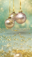Fototapeta premium Gorgeous Xmas card. Closeup of Stunning Christmas Baubles, Elegant Rose Gold and Golden flake. Holiday Wallpaper Ornaments. Happy New 2024. Luxurious New Year 24, Pastel Banner with copy space