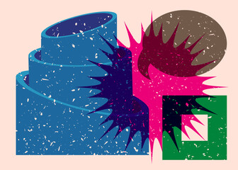 Risograph Speech Bubble with geometric shapes. Vector geometry elements with Message symbol in trendy riso graph design.