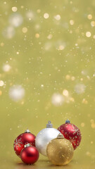 Fototapeta na wymiar 2024 Christmas mobile background. Happy Xmas banner. Beautiful baubles with silver snowflakes. Xmas ornaments. Bokeh gold green background. Happy holidays background. copy space. Festive theme 2024