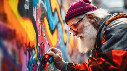 A grandpa painting graffiti with street art expertise