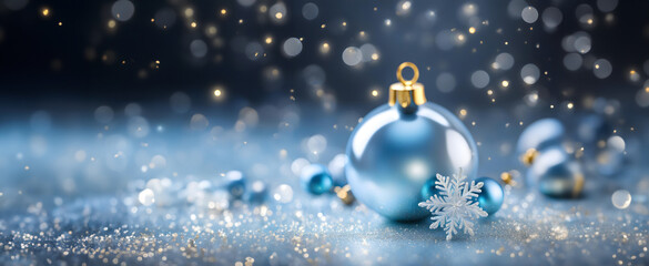Stunning Merry Xmas & Beautiful Happy New Year 2024 Wallpaper. Festive Blue Christmas Baubles Banner. Seasonal Macro Photo with golden flakes bokeh Background and copy space 