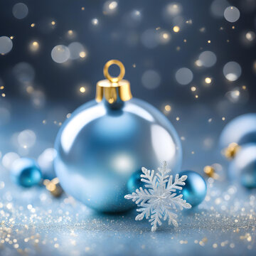 Stunning Merry Xmas & Beautiful Happy New Year 2024 Wallpaper. Festive Blue Christmas Baubles Banner. Seasonal Macro Photo with golden flakes bokeh Background and copy space 