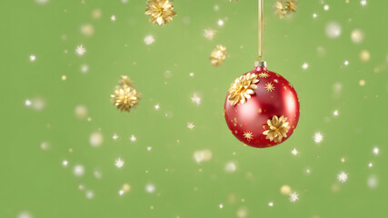 Christmas backdrop banner. Beautiful red bauble with golden flowers, xmas ornaments. Bokeh green background. Christmas holidays background. copy space. Festive theme 2024 