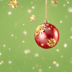 IG Christmas backdrop banner. Beautiful red bauble with golden flowers, xmas ornaments. Bokeh green background. Christmas holidays background. copy space. Festive theme 2024
