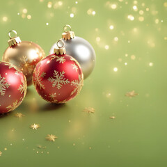 Christmas IG backdrop. Beautiful baubles with shiny golden ball, xmas ornaments and lights, green background. Christmas holidays background. copy space. Decoration for christmas tree. Festive 