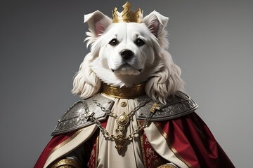 Create a withe dog as mediaval king , blank background, animal