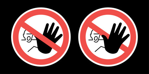 No unauthorized access sign. Screaming man with a black hand raised to stop in a red crossed circle. Construction area trespassing prohibited sign with palm in front and back of cross. Vector. - obrazy, fototapety, plakaty