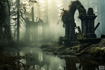 Supernatural entity haunts foggy forest ruins near lake - digitally edited image. Generative AI - obrazy, fototapety, plakaty