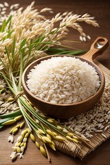 Celebrates the essence of rice, featuring a sack of rice seeds, white rice grains on a small wooden spoon, and a vibrant rice plant in the background. This composition symbolizes, seed