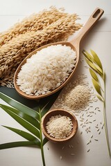 Celebrates the essence of rice, featuring a sack of rice seeds, white rice grains on a small wooden spoon, and a vibrant rice plant in the background. This composition symbolizes, salt