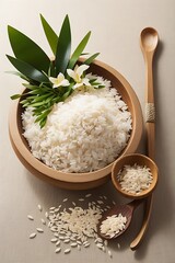 Celebrates the essence of rice, featuring a sack of rice seeds, white rice grains on a small wooden spoon, and a vibrant rice plant in the background. This composition symbolizes, spoon