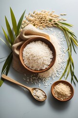 Celebrates the essence of rice, featuring a sack of rice seeds, white rice grains on a small wooden spoon, and a vibrant rice plant in the background. This composition symbolizes, bowl